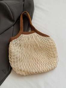 Bolso de malla de estilo festivo a la moda, con adornos de cuentas de concha en beige con ribete marrón; un bolso de mano para damas, perfecto para vacaciones en la playa y ocasiones similares - Marrón - Ver 6