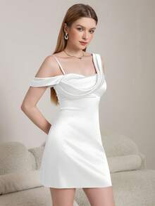 Đầm ngắn bằng satin thanh lịch dành cho nữ, thiết kế bất đối xứng, hở vai, cổ khoét sâu, ôm sát cơ thể, thích hợp cho tiệc cocktail/club. - trắng - Xem 6
