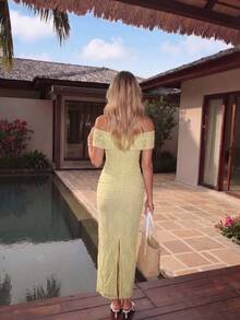 Women's Elegant Lace Ruched Slit Bodycon Open Shoulder Long Party Evening Dress, Suitable For Daily And Special Occasions Wedding Spring - Light Yellow - View 2