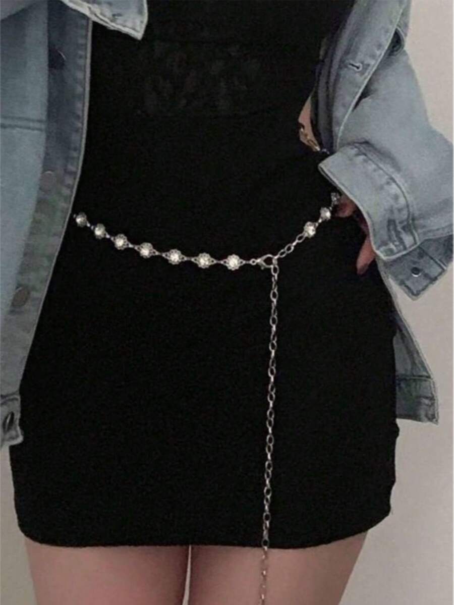 银合金女士镶嵌花朵时尚腰链 - 銀色 - 查看 1