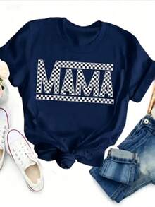 Women's-ShirtPAYEAH 1pcs Cotton Mama Letter Print Crew Neck-Shirt - Soft Mid-Elasticity Polyester Short Sleeve Top Spring & Summer - Relaxed Fit, Casual, Alphabets Pattern, Positioning Printing, Regular Length, Knit Fabric, All Seasons Wear Heavy Cotton ShirtFashionable Women's Clothingshirts,Clothes,White Top,Graphic Tee,Suitable Gym, Workouts, Everyday Casual Wear, And Street Style. - màu xanh hải quân - Xem 4