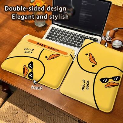 One: Cartoon Yellow Duck Pattern, PU Leather Magnetic Buckle Anti Drop Notebook Inner Bag, Compatible With MacBook Pro 16 Inch, Air 13, Galaxy TAB S10 Ultra, And Metabook 14 Inch 11 Inch/13 Inch, Convenient For Business Trips, Can Be Used As A Mouse Pad/Storage Bag, And Is A Must-Have Accessory For Business/Study/Travel