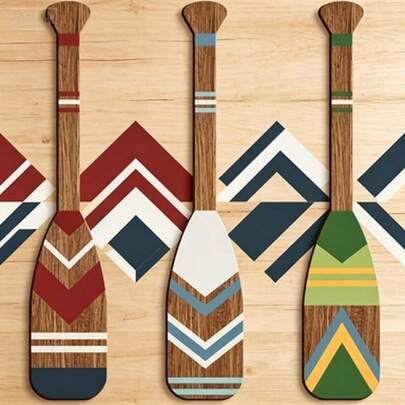 3pcs Wooden Oar Wall Decor, Retro Geometric Pattern Oar Wall Hangings, Lake House Beach Style Living Room Wall Accents