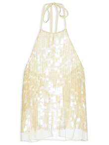 Women's Sequin Halter Top - Open Back Tie-Back Iridescent Summer Party Top - Champagne - View 9
