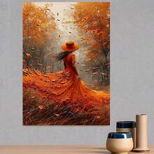 Pintura en lienzo sin marco, plana 2D, 1 pieza: Una mujer de rojo revoloteando en el viento otoñal, con hojas cayendo. Disponible en s 8x12, 12x18, 16x24, 20x30, 24x36 pulgadas. Un regalo decorativo perfecto para salas de estar, dormitorios, comedores y espacios interiores y exteriores - Enmarcado - Ver 3
