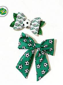 2-teiliges 2026 Fußball-WM Haaraccessoire-Set, grüner Fußball-Muster Satinschleife und Glitzer-Pailletten-Schleife Haarclip, sportlicher rutschfester Haarschmuck für Frauen und Mädchen für den Spieltag - Grün - Übersicht 1