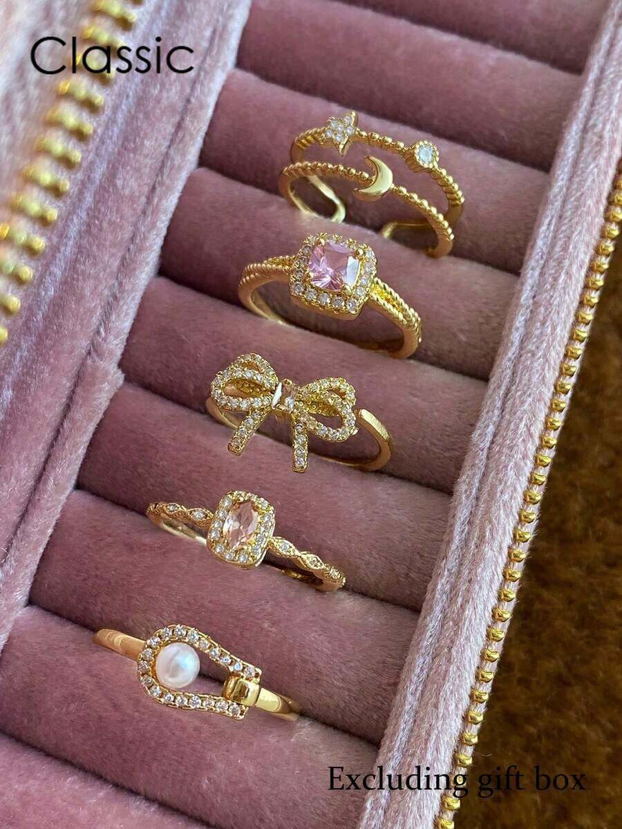 5pcs Elegant, Delicate, Gentle Geometric Bow, Star, Moon Faux Pearl Zirconia Inlaid Copper Ring Set, Unique Niche High-End, Suitable For Daily Commute, Events, Parties, Holidays, Fashion Gift - Vàng - Xem 1