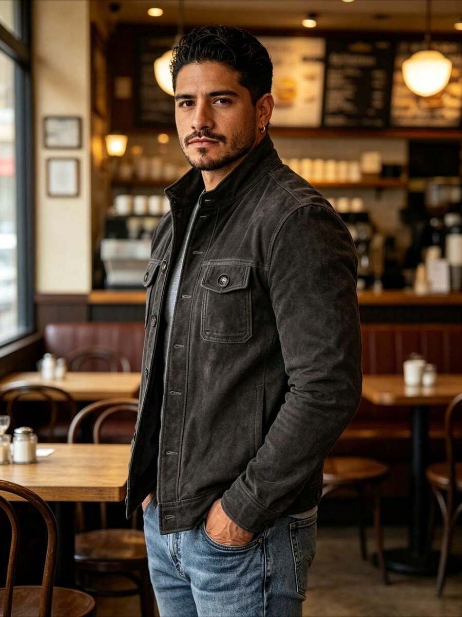 New Men's Casual Jacket In European And American Style, Spring/Autumn Collection. New Faux Suede Jacket. - Black - View 1