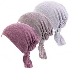 Hijab Cancer Chemo Stretchy Cotton Hat Turban Cap Cover Hair Loss Head Scarf Wrap Pre-Tied Headwear Strech Bandana - 灰酒卡其 - 查看 1