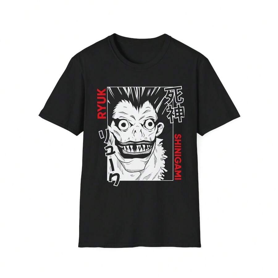 Uni Pure Cotton T-Shirt, Ryuk  Face T-Shirt| Shinigami Manga Graphic Tee, Summer T Shirt, Blouse, Basic Tops, Tops, Creative Design, Outdoor Play, Cool Style, Fun Design, Great For Outdoor Play, Summer Outfit For Women, Men's T-Shirt - 黑色 - 查看 1