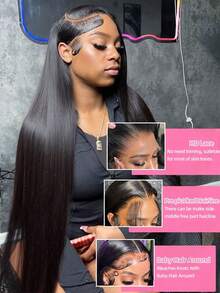 13X6 HD Transparent Lace Front Wigs Brazilian 15A Human Hair Straight Lace Front Wigs Swiss Lace Pre Plucked 13X4 Transparent Lace Wigs With Baby Hair Natural Black Hair For Women 200Density - Natural Black - View 7