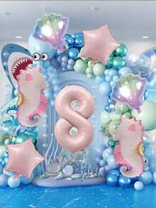 Set Balon Foil Aluminium Tema Laut 8 Buah, Elemen Bintang, Kerang, dan Kuda Laut, Balon Angka 0-9 Warna Pink, Termasuk Pita, Cocok untuk Tema Kuda Laut, Pesta Kolam Renang, Pesta Ulang Tahun, Dekorasi Acara, Tata Ruang Suasana, Dekorasi Rumah, Mandi, Dekorasi, Dekorasi Hawaii, Dekorasi Ulang Tahun Tema Laut - Berwarna merah muda - View 3