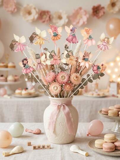 12pcs Fairy Theme Paper Vase Decoration,Fairy Party Centerpiece Sticks,Watercolor Fairy Cake Toppers, Flower Fairy Table Decorations For Girls Birthday, Baby Shower, Wedding,Home Decor,Room Decor,Table Decor,Fairy Theme Party Supplies