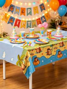 1pc CapybaraThemed Tablecloth, Beach Wave Guinea Pig Pattern PE Table Cover, Birthday Party Decoration Tablecloth, Summer Party Decoration Tablecloth, Babe Shower Decoration Table Cover, Capybara Decorations, Wedding Decor, Bridal Shower Decor, Festive Decorations, Summer Beach Party Disposable Table Cover, Kitchen Dining Decoration Table Flag, Room Decorations, Home Decor, Summer Decorations, Summer Gifts, Birthday Gifts, Party Favors - Capibara - View 4