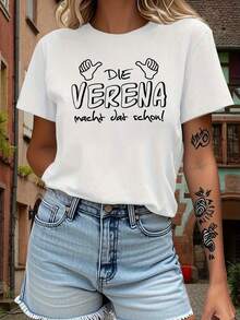 Women's Casual Shirt - Graphic Print "Die Verena Macht Dat Schon", Short Sleeves, Regular Fit, Comfortable For All Seasons, Casual Wear | Playful Print | Comfortable Fit - YGW - White - View 1