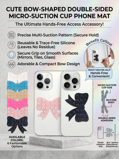 huaxunyuan Cute Bow Silicone Suction Cup Phone Holder, Strong Reusable No-Residue Pad, Multifunctional Phone Stand Sticker Applicable For Car, Desk, DIY, Multi-Color Aesthetic Accessory 2026 Must-Have