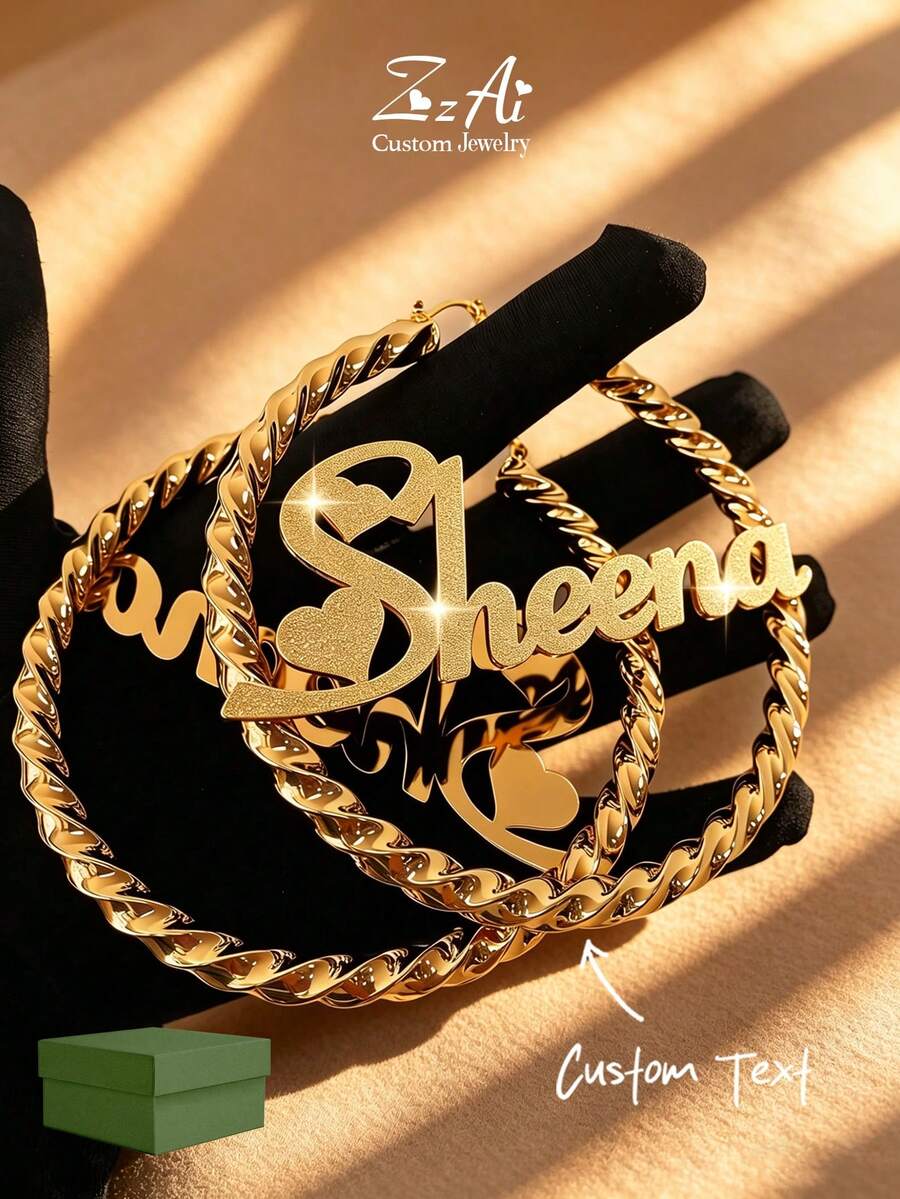 1 Pair 7cm Large Hoop Earrings, Customizable Name Text Personalized Earrings, 18K Gold Fashion Jewelry Stainless Steel, Engraved Bamboo Knot Earrings - Gold Round Name - Large Hoop Earrings, Thanksgiving Christmas - Frosted-gold - View 1