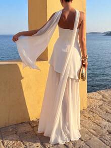 Vestido casual y elegante de unicolor Glamful Floreya, asimétrico, adecuado para citas por la noche, vacaciones, bodas, fiestas de cumpleaños, cenas formales, fiestas de graduación - Blanco - Ver 3