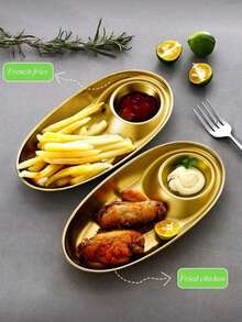 Stainless Steel Gold Oval Fried Chicken Plate With Compartments For Dipping Sauce, Appetizers, Snacks, Veggies, Chips, 2-Compartment Tray, Suitable For Home And Outdoor Camping - Multicolor - View 3