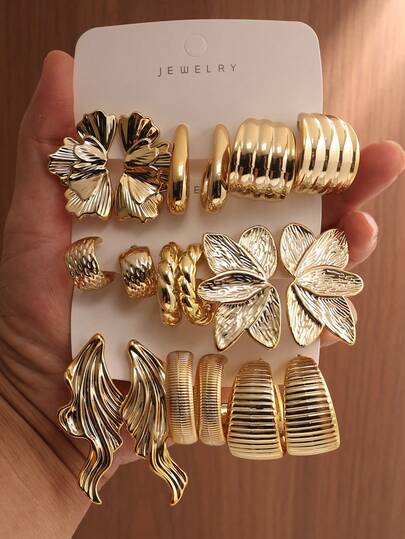 6-18pcs Fashionable Left & Right Floral Sphere C-Shape Geometric Textured Earrings, Suitable For Party, Banquet, Travel, Wedding, Vacation, Daily Wear, Jewelry Gift