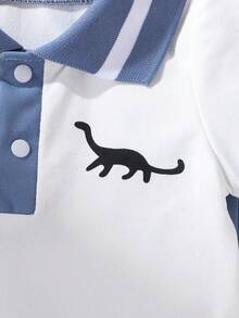 2pcs/Set Summer New Fashion Ribbed Polo Collar Dinosaur Print Romper & Shorts Set - Multicolor - View 6