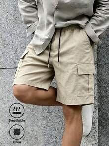 男士夏季亚麻短裤，休闲时尚情侣款，户外徒步简约工装短裤 - 卡其色 - 查看 1