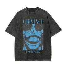 Unisex Washed T-Shirt With Solo Leveling 95 God Statue Print - 黑色 - 查看 5