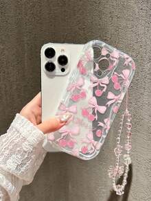 Cherry Transparent Painted Phone Case With Chain, Creamy Wavy Edge, Minimalist Anti-Drop Thickened Protective Cover With Print, Suitable For Phone Shell - Multicolor - View 2