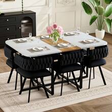 MUUOKY 7-Piece Dining Table Set For 6, Modern Dining Room Table Set With Cushioned Chairs, 59" Wood Kitchen Table Set For Home, Apartment, Office And Conference Room, Space-Saving Dining Set For Small Spaces With Compact Storage-Friendly Design, Easy Assembly, Perfect For Christmas And Thanksgiving Home Decor - Velvet Black+White - 查看 1