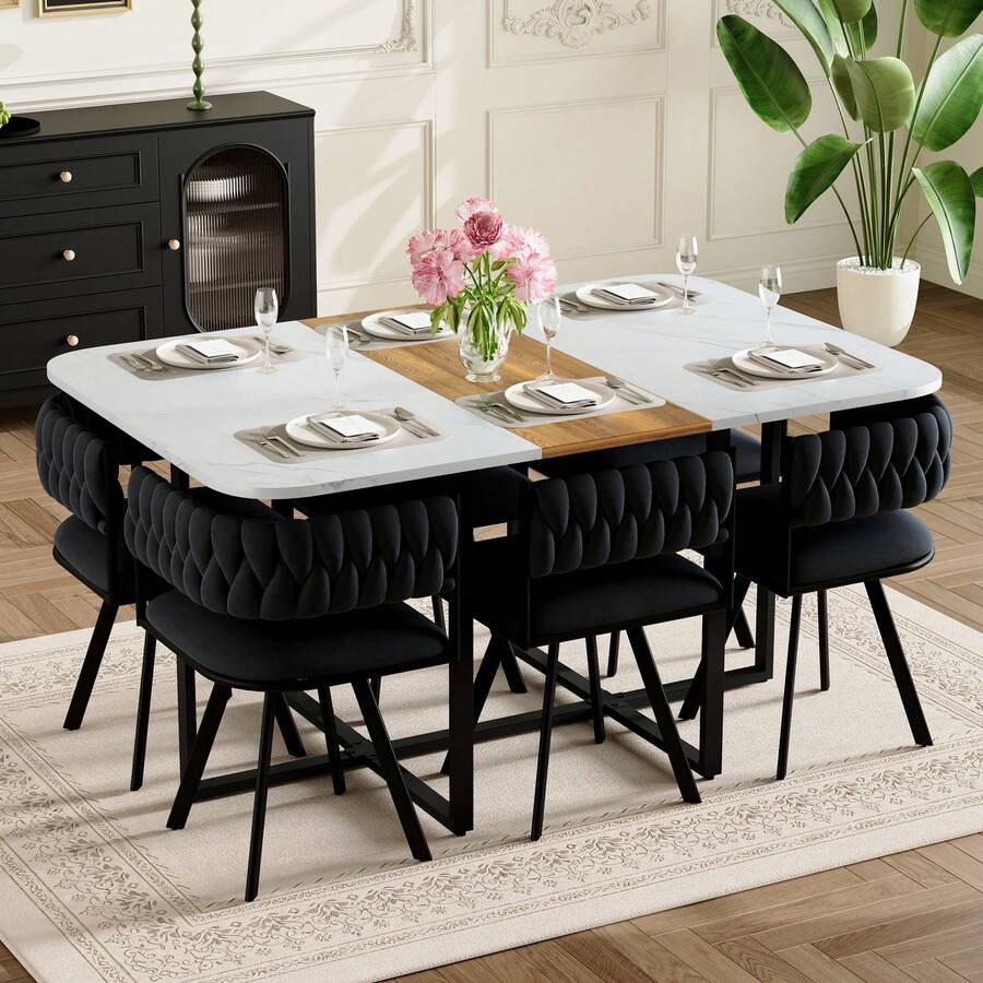 MUUOKY 7-Piece Dining Table Set For 6, Modern Dining Room Table Set With Cushioned Chairs, 59" Wood Kitchen Table Set For Home, Apartment, Office And Conference Room, Space-Saving Dining Set For Small Spaces With Compact Storage-Friendly Design, Easy Assembly, Perfect For Christmas And Thanksgiving Home Decor - Velvet Black+White - 查看 1