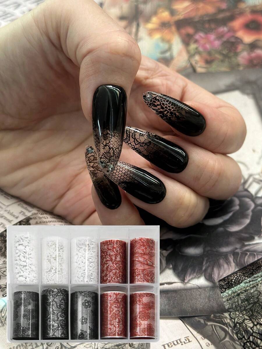 RitaNail 黑白红蕾丝美甲印花板 10 卷套装，简约可爱设计，适合新娘美甲 - 彩色 - 查看 1