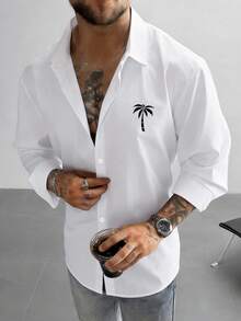 Men's Palm Tree Pattern Long Sleeve Loose Fit Button-Down Shirt - White - View 3