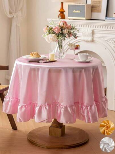 1pc Dutch Edge Circular Tablecloth, Pink Satin Table Cover With Dutch Edge Trimming Suitable For 20-48 Inch Tabletops, Washable And Wrinkle Resistant Silky Decoration Suitable For Banquets, Parties, Baby Showers, Theme Parties