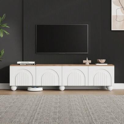 TV Stand Measuring 180 X 40 X 45 Cm With 4 Shelves, TV Stand, And TV Cabinet With 6 Spherical And Metal Legs; Low TV Table, TV Tabletop, And TV Cabinet. Suitable For TVs Up To 80 Inches; Wood And White Finish.