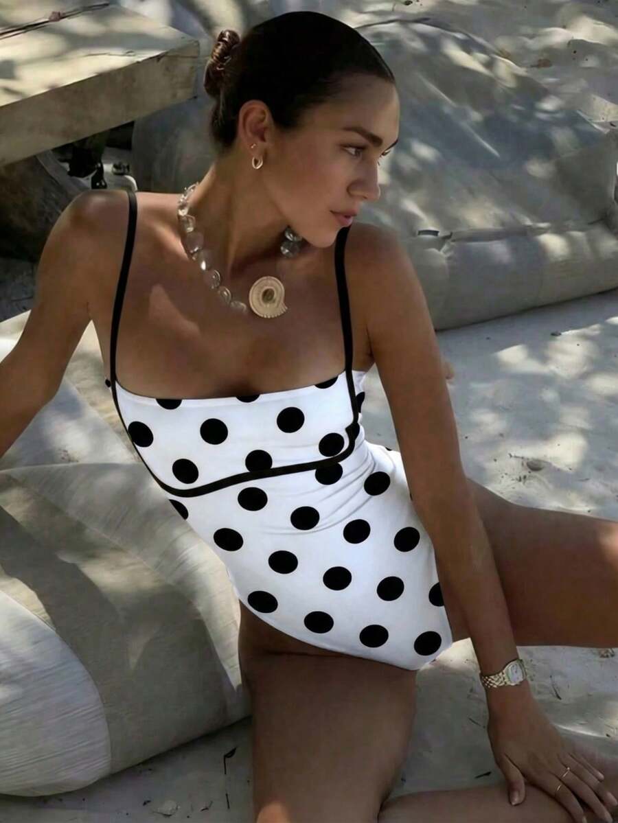 女款優雅復古圓點連身夏季泳衣,適合海灘度假、海邊活動與時尚度假穿搭 - 彩色 - 查看 1