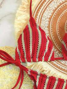 Traje de baño conjunto tres piezas para mujer para playa piscina vacaciones semana santa brunch y salidas a la playa bikini triangular con lazadas y shorts de playa con cordón color rojo y rosa textura arrugada estilo bohemio apto para verano y temporadas cálidas - Rojo - Ver 3