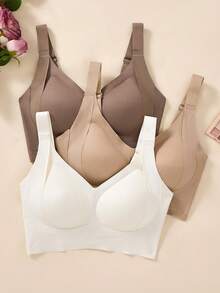 Set de 3 sujetadores deportivos sin costuras, transpirables y inalámbricos para mujeres - Cobertura total, antideslizante, con elevación y soporte, ajuste cómodo con detalles acanalados, mezcla de nailon y elastano, lavar a mano - unicolor elegantes - Blanco+Albaricoque+Marrón - Ver 11