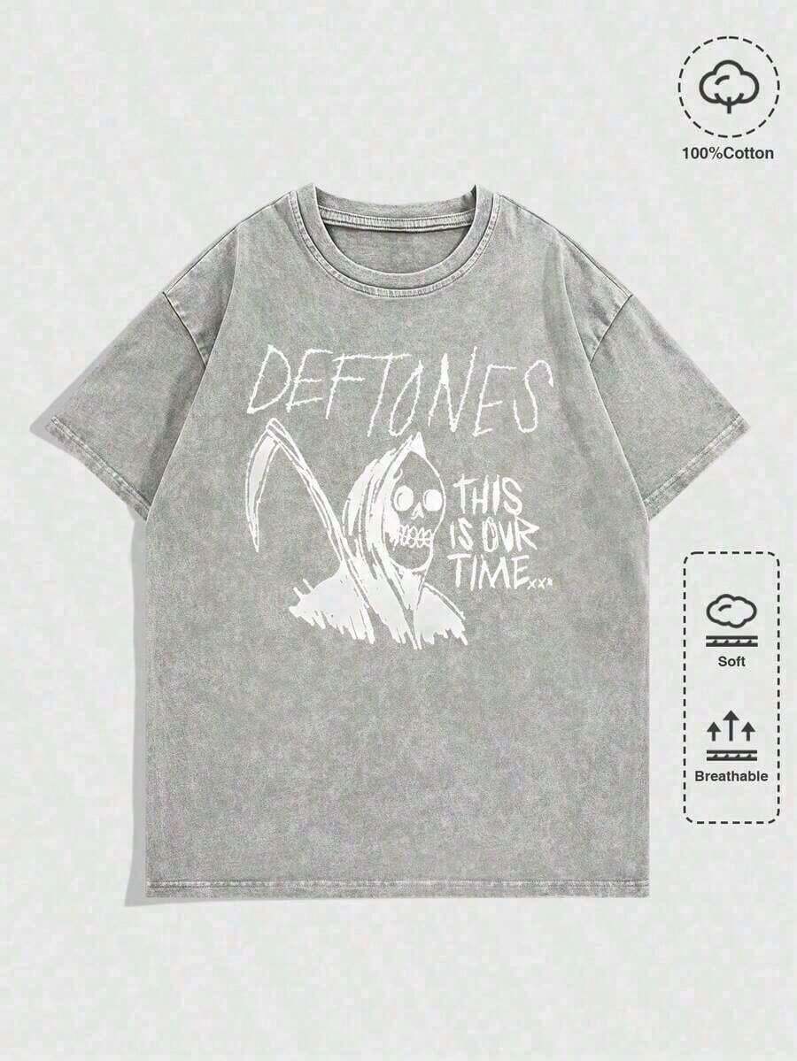 1Pcs,2026,EWH Vintage Washed Rock Tee| Band Skull Print, Alternative Metal Fans Short - Sleeve,Cheap Clothes,Shirts Graphic,T Shirt Men DG004summer Outfits For Women - 灰色 2 - 查看 1