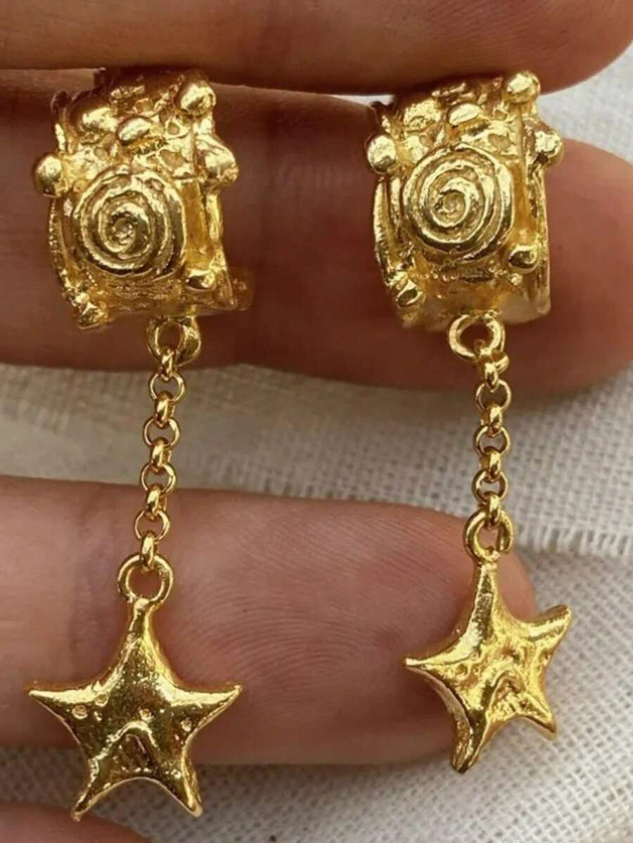 一对经典奢华手工黄金长吊坠耳环,精致优雅的女士珠宝,叶形设计,波西米亚风格创意耳环配饰,完美的节日礼物 - 金色 - 查看 1