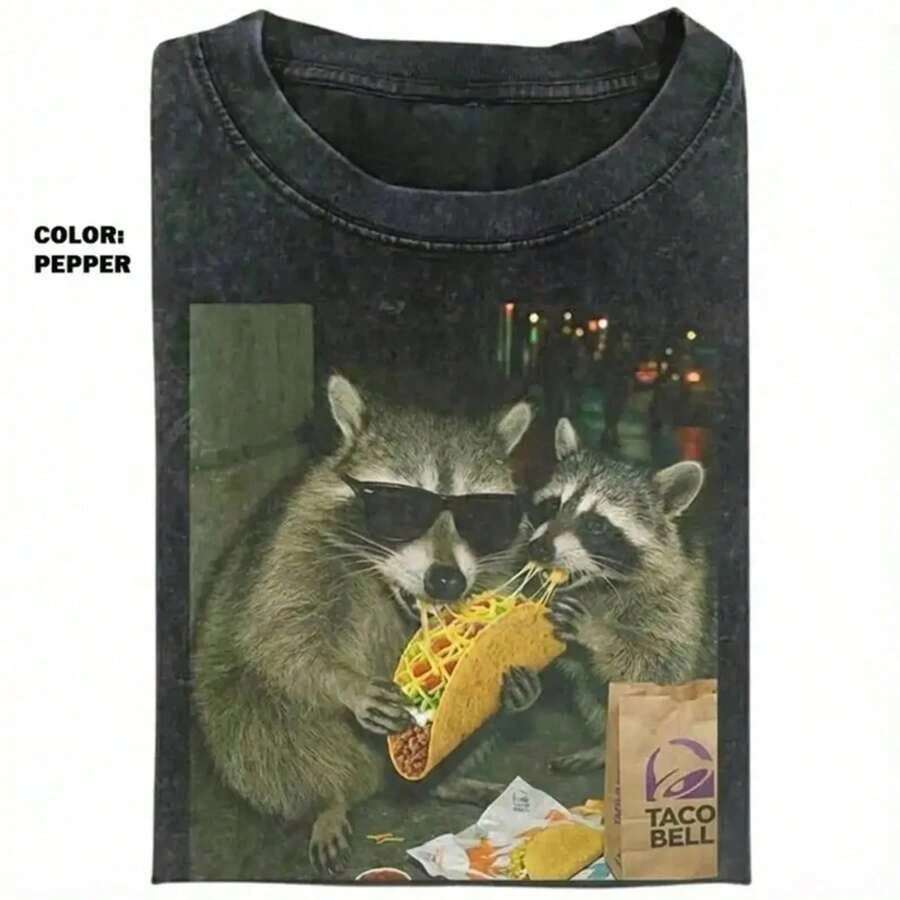 Washed T-Shirt,,Raccoon Eating Tacos Sweatshirt, Silly Shirt Gift, Vintage Tee , Unisex Graphic Hoodie, Funny Tee, Tacos Lover Raccoon Shirt,Summer Tops,Summer Outfits For Women-Retro Football World Cup 100% Cotton Washed Oversized Tee, Unisex Streetwear Short Sleeve Top - 黑色 - 查看 1