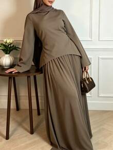 Mother's Day Waist Tie Two Pieces Outfit, Elegant Modest Chic, Spring Summer Casual & Party Vacation Set For Women - Khaki - View 4