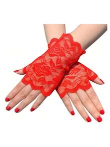 1/6 Pair D EXCEED 20s Women's Cherry Blossom Lace Fingerless Short Gloves Accessory - Suitable For Wedding Bridesmaid Outfit, Tea Party, Banquet, Music Festival Theme Party - Multicolor - View 4
