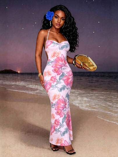 Vestido Longo Sereia Floral Elegante Y2K Decotado nas Costas para Mulheres, Vestido Casual de Praia com Decote Halter Rosa e Modelagem Justa, Adequado para Férias, Viagens à Praia, Encontros Casuais, Passeios de Rua, Encontros de Final de Semana, Looks de Verão para Mulheres, Vestidos Sereia para Mulheres, Vestidos Halter, Vestidos de Verão para Mulheres