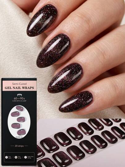 20pcs Luxury Shiny Dark Color Sequin Gel Nail Stickers, Deep Green, Burgundy, Black Glitter Patterns, High Gloss Finish Nail Wraps, Require UV Lamp Curing, Long-Lasting, DIY Nail Art