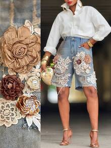 Women's Designer Lace Floral Ripped Denim Shorts, , 3D Floral High-Waisted Denim Capri Pants. - 藍色 - 查看 7