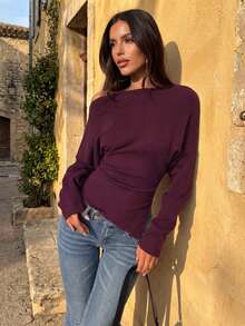 Suéter asimétrico de hombro elegante y glamuroso, de estilo minimalista y casual chic, top de punto, jersey ajustado con bajo asimétrico para mujer, adecuado para el uso diario - Burdeos - Ver 4