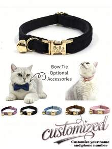 1pc Customizable Velvet Cat Collar With Jingle Bell, Bow Tie Decor, Suitable For Party Use, Thanksgiving/Christmas Pet Gift, Engraved, Colorful, Vintage - Black 1 - View 2