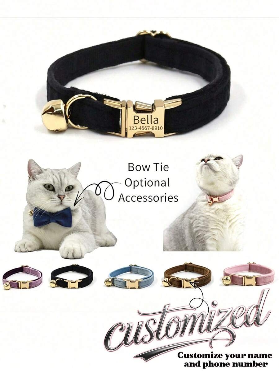 1pc Customizable Velvet Cat Collar With Jingle Bell, Bow Tie Decor, Suitable For Party Use, Thanksgiving/Christmas Pet Gift, Engraved, Colorful, Vintage