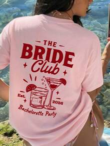 1件女款夏季寬鬆短袖T恤上衣，Bride Club單身派對圖案T恤，可愛女裝上衣，女性度假節慶優雅休閒夏裝，粉色 - 粉色 - 查看 5
