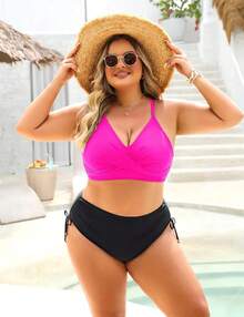 Women's High Waisted Bikini Sets, Crisscross Tie Back Drawstring Tummy Control Two Piece Swimsuits Bathing Suit - 粉色 - 查看 5